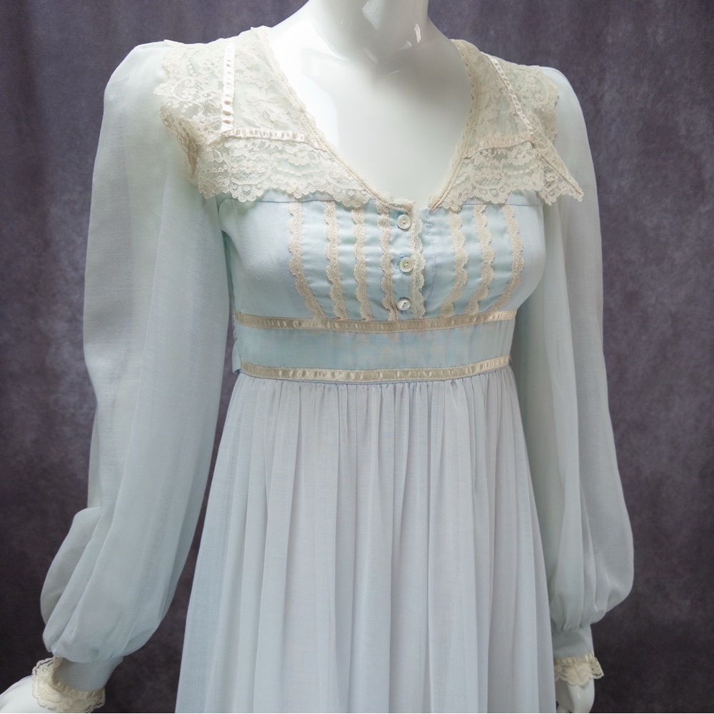 Vintage 70s Gunne Sax Baby Blue Chiffon Prairie Maxi Dress, ~24” waist - Picture 2 of 12